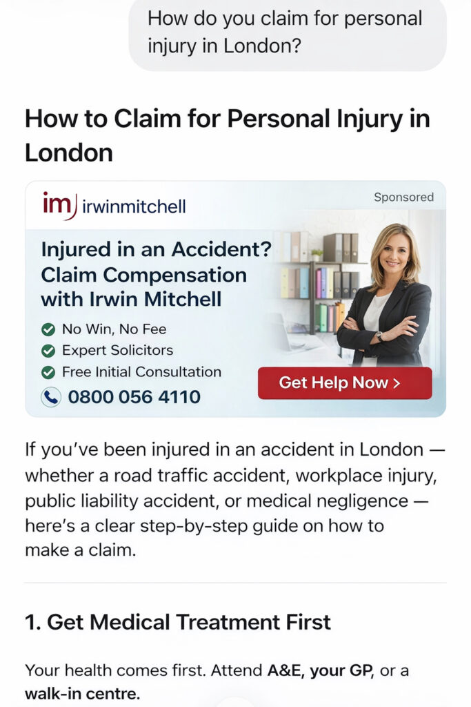 chatgpt ads for law firms mockup image irwin mitchell example in chat